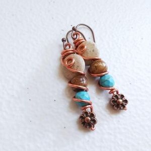 Wire Wrapped Stack Earrings: Whimsical Cream Blue & Copper Jewellery